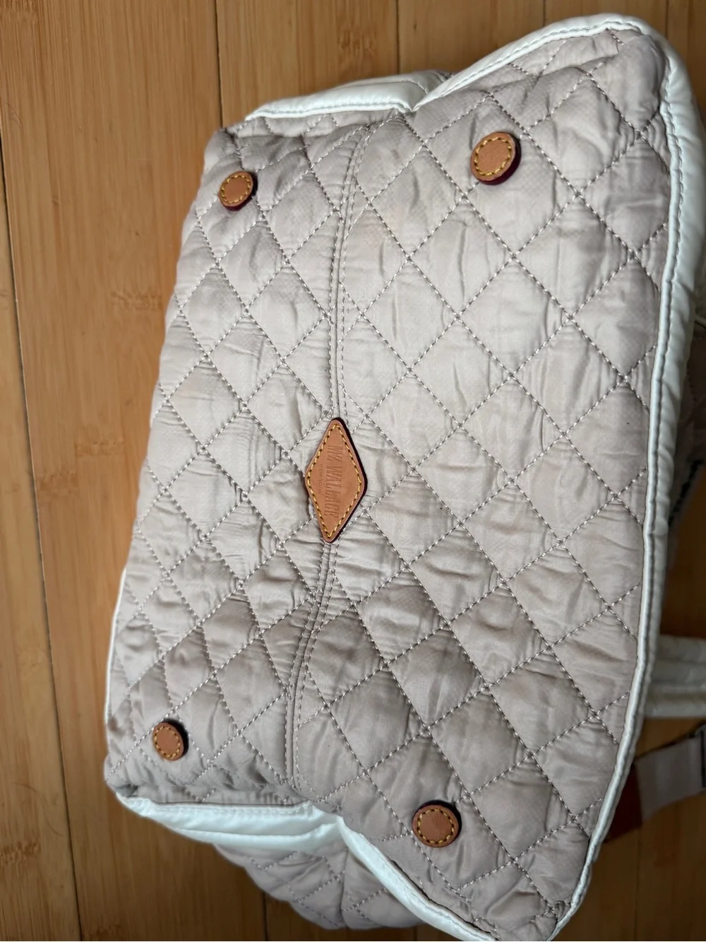 Light Taupe Quilted Tote Bag with Cream Trim